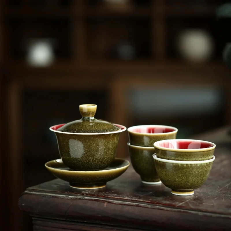 ★Jingdezhen Tea Dust Thermal Insulation Supportable Gaiwan Set Raw Ore Fish Yellow Literati Elegant Tea Ware Sets Lang HY