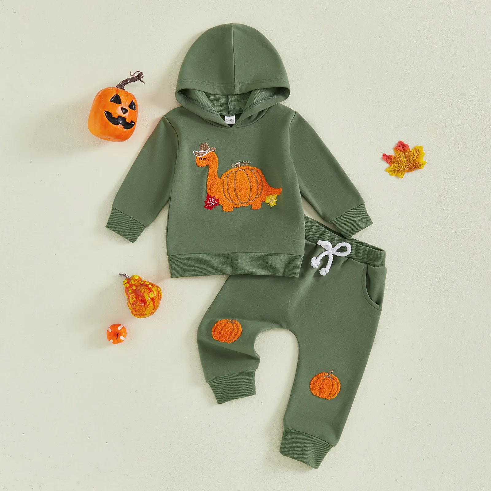 

Baby Boys Autumn Halloween Cotton 2pcs Sets 0-3Y Newborn Baby Clothes Dinosaur Pumpkin Embroidered Hoodie Top and Pants Outfit