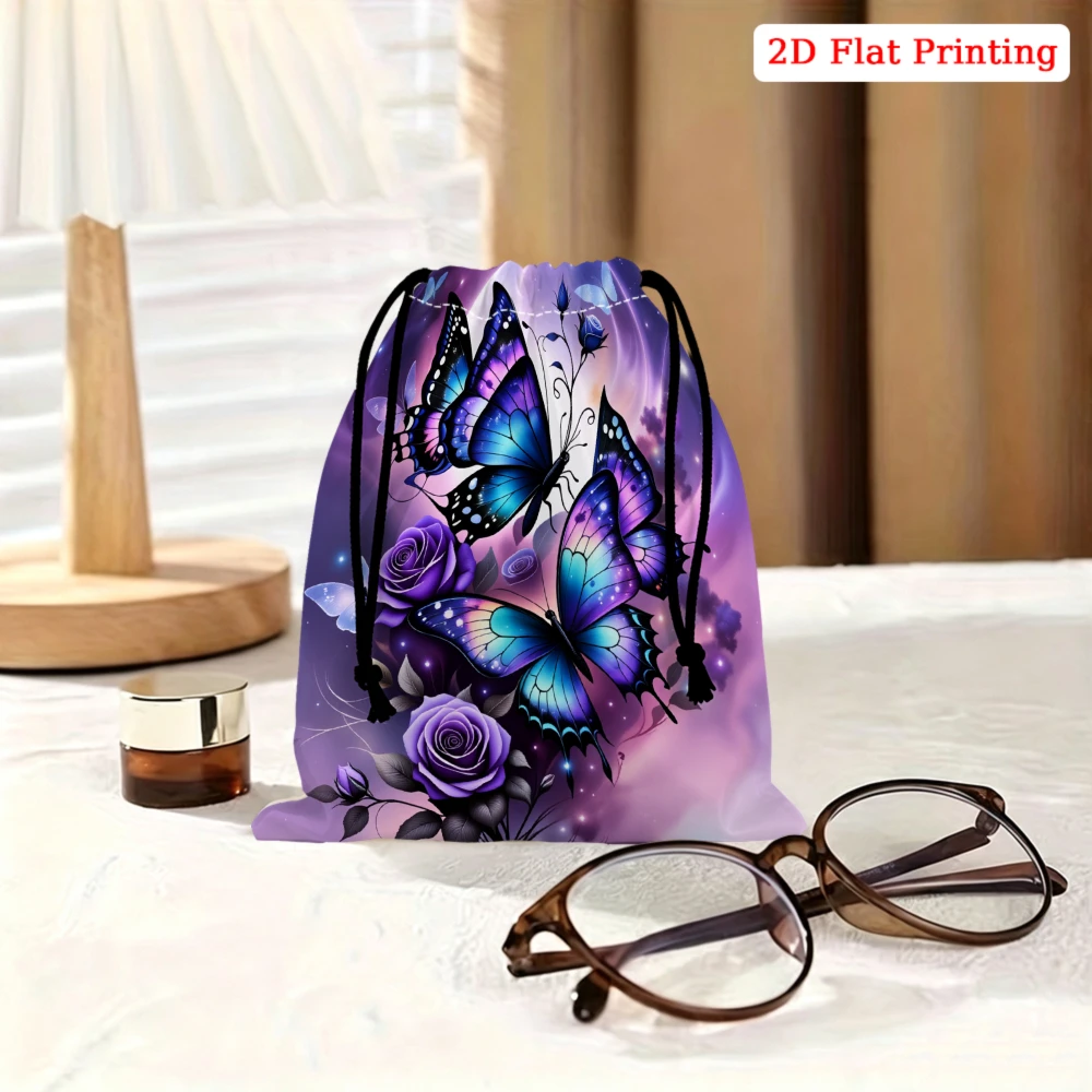 1Pc Purple Butterfly And Rose Print Drawstring Bag Storage Small Pouch For Glasses Jewelry Cosmetics Travel Organizer Portable