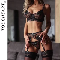 Toucheart-Conjunto de 3 piezas de lencería Sexy para mujer, lencería Sexy con encaje bordado, perspectiva de pestañas, sujetador push-up con aros, ropa interior, traje nuevo