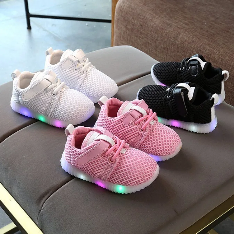 Fashion Girls' Shoe 2025Autumn New Boys' Sneakers Comfort Breathable Kids Mesh Shoes Simple Versatile Girl LED Shine Casual Shoe