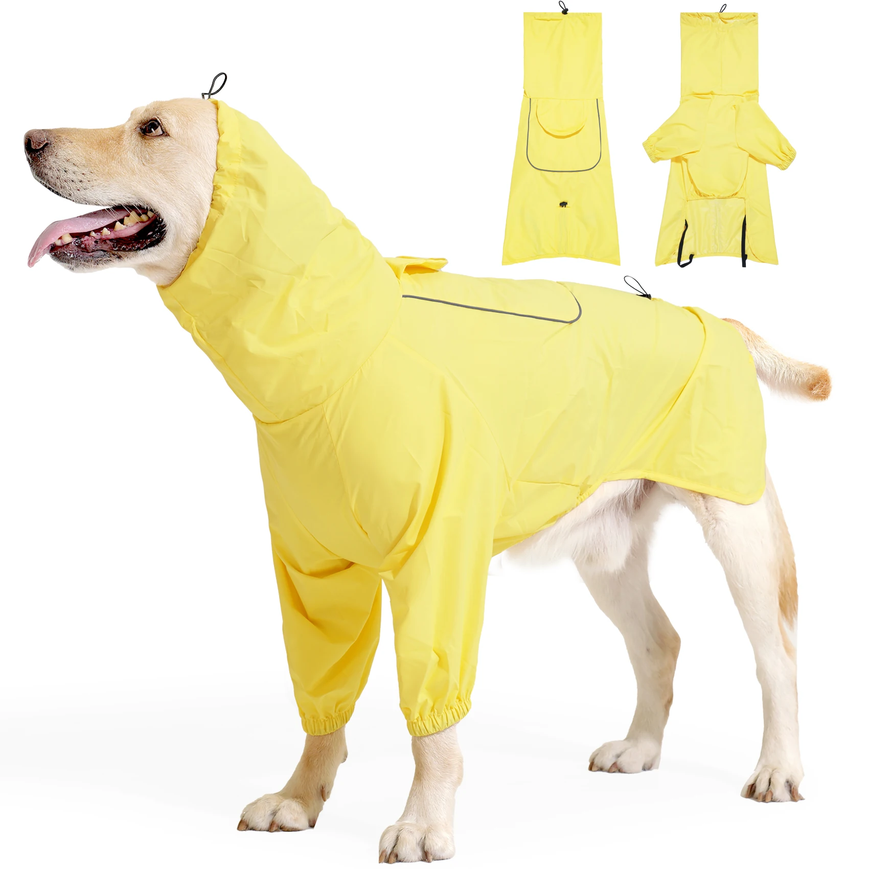 Dog Raincoat - Wasserdichter Hunde-Regenmantel mit Rücken-Zugöffnung, Reflektorstreifen Kapuzen-Regenjacke