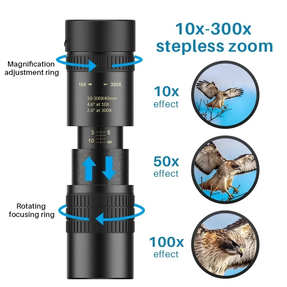 30mm 휴대용 미니 확장 가능한 단안 렌즈 조류 관찰 미러, 야외 캠핑용, 10-300x40mm