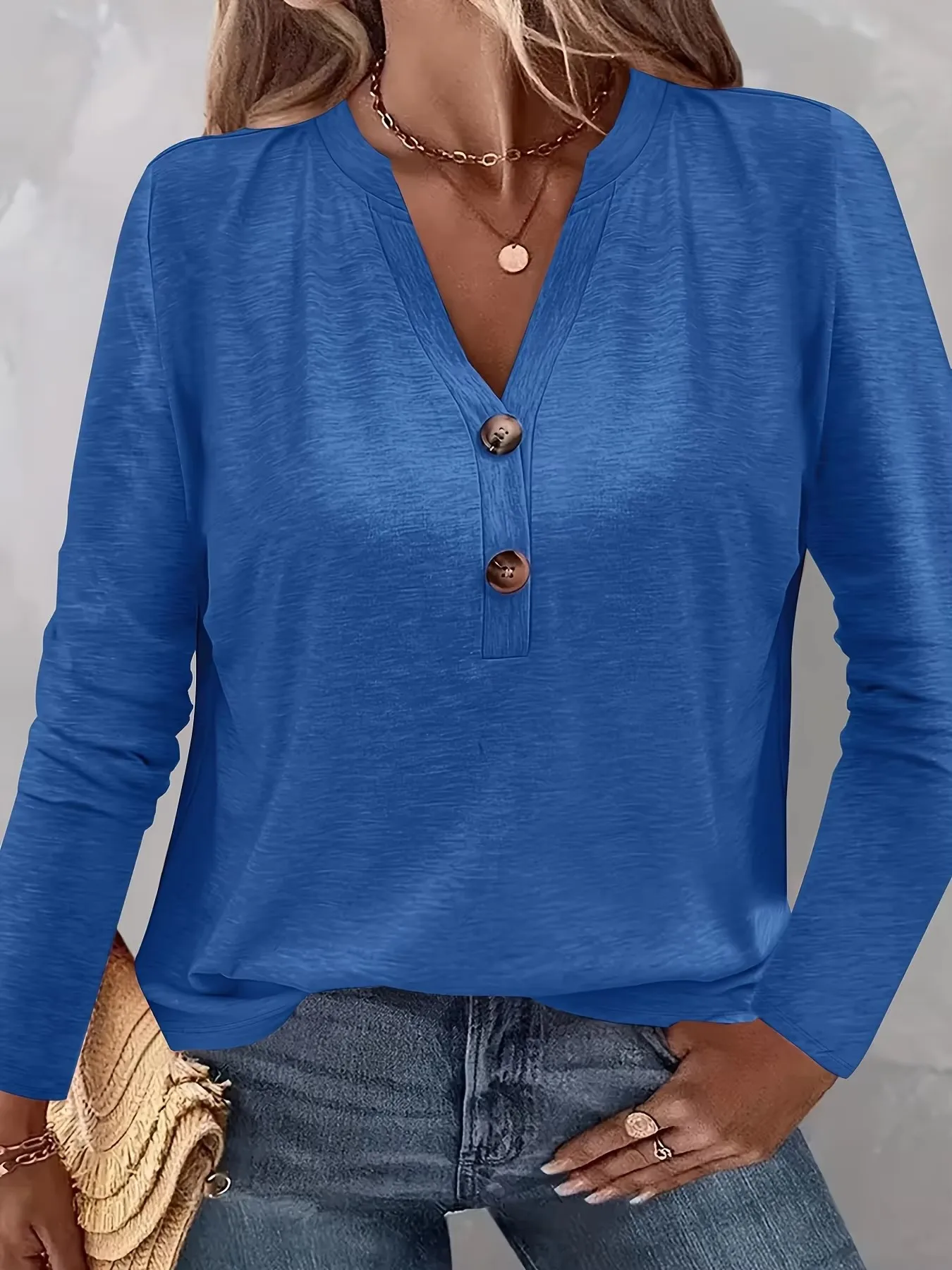 

Plus Size, Colorful Button Fashion Soft Long Sleeve，Polyester 95%, Spandex 5% Knit Fabric, V-Neck Solid Color, Regular Length,