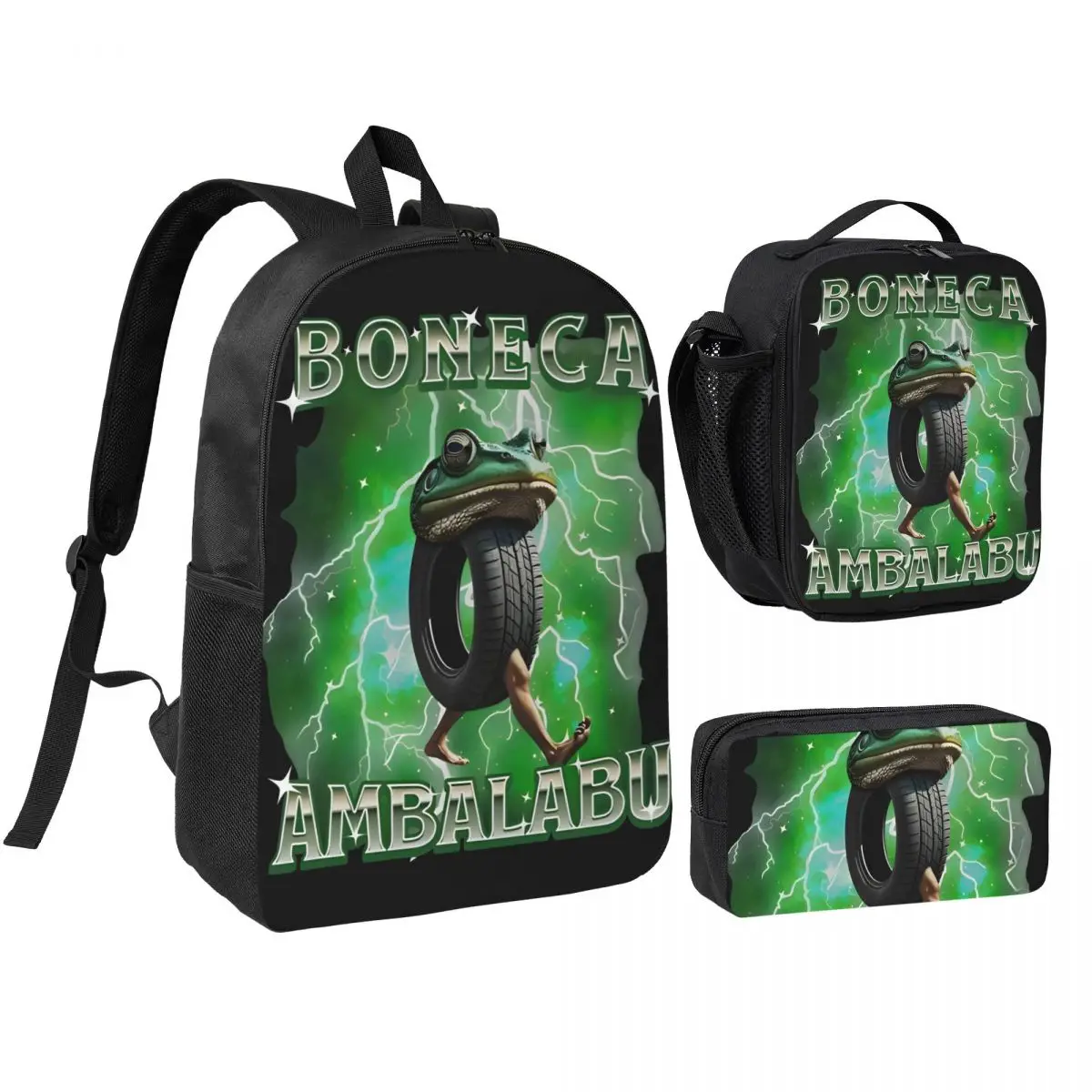 Boneca Ambalabu Italian Brainrot Meme Frog With Feet 3pecs/set Backpack Italian Brainrot Shoulder Bag Lunch bag Pencil Case