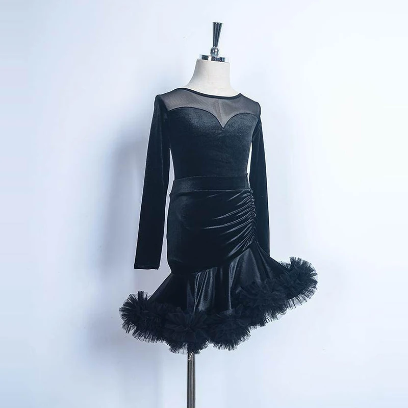 

Winter Velvet Latin Dance Suit Black Competition Dress Girl Dance Performance Stage Wear Professional Latin Dancing Outfit 2479