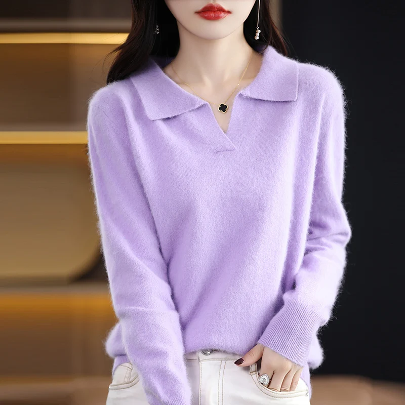 100% Mink Cashmere Soft Sweater Women Polo Collar Pullover Casual Knit Sweater Autumn Winter Warm Solid Color Long Sleeve Top