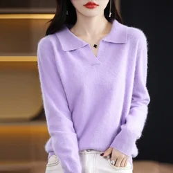 100% Mink Cashmere Soft Sweater Women Polo Collar Pullover Casual Knit Sweater Autumn Winter Warm Solid Color Long Sleeve Top