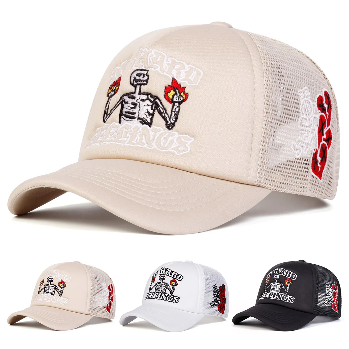 Unisex Skull Flame Embroidery Baseball Net Caps Spring and Summer Outdoor Adjustable Casual Hats Sunscreen Hat