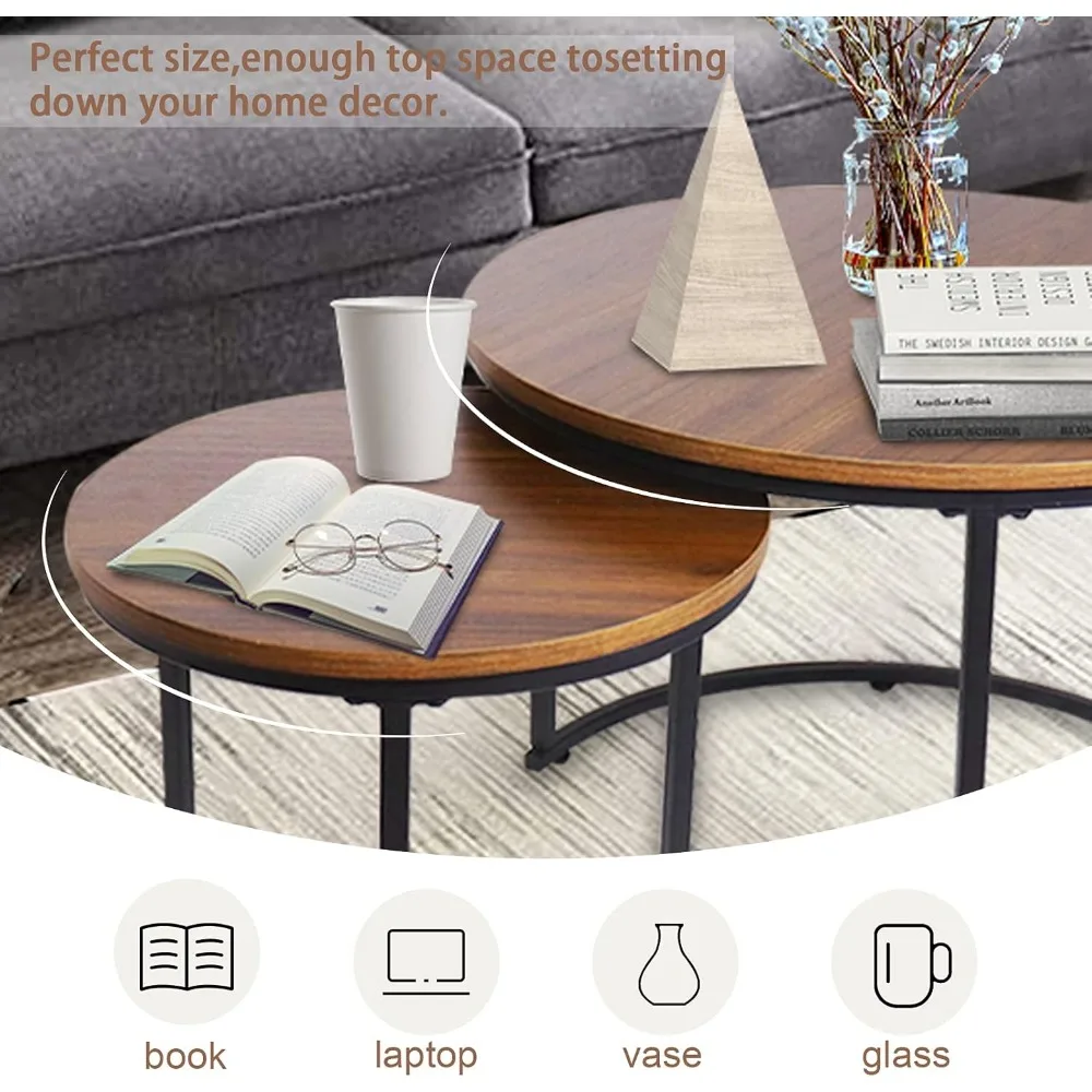 Couchtisch, ineinander verschließbar, rund, 2er-Set, Beistelltischplatte, stabiler Metallrahmen, Schreibtisch-Mittelstück, Wohnung, modern, industriell