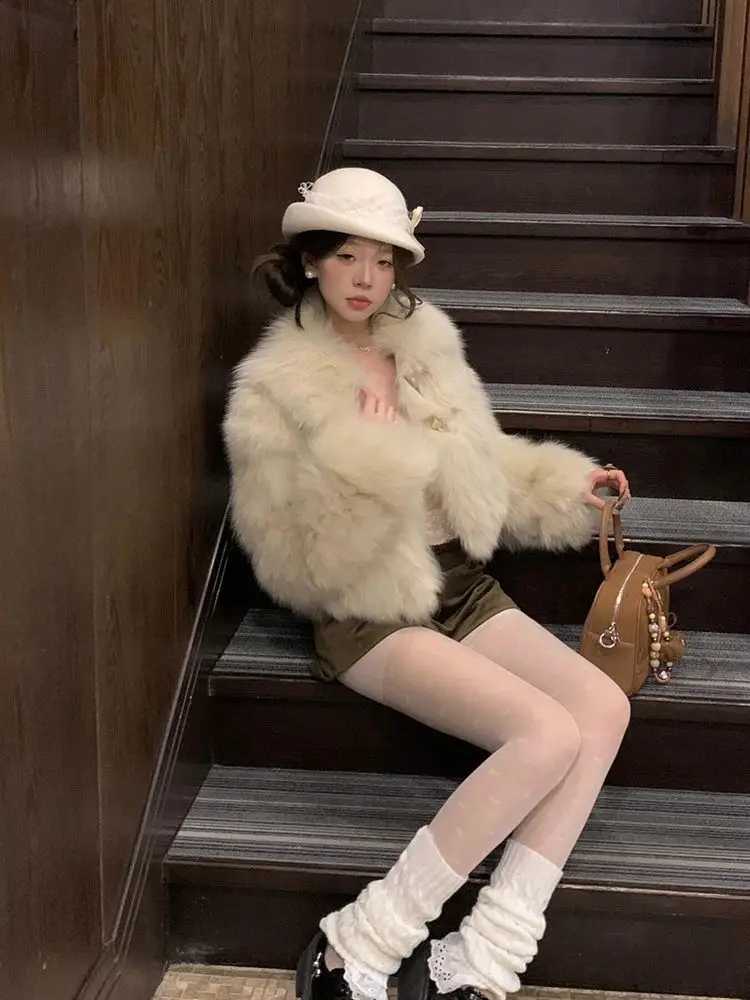 Faux Fur White Coat Coats Womens Snow Popular Cozy Fitted Leather Cashmere Regular Embroidered Patch Stand-Up Waistless Femme OL