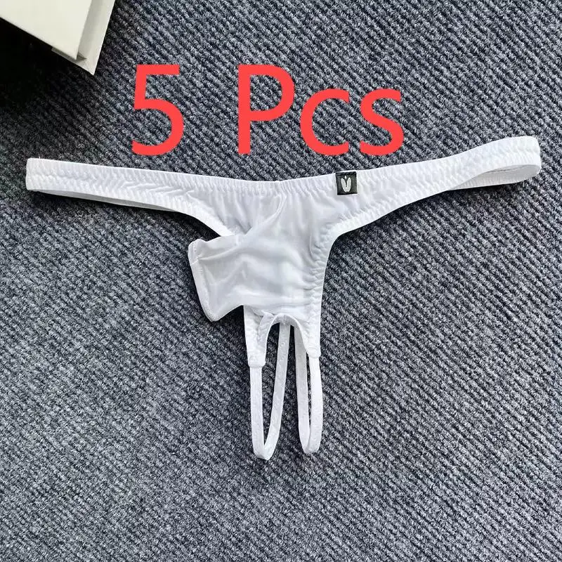 5 Pcs  Men\'s Sexy Low Waisted Thong With Short Elephant Trunk  Ice Silk Thin Cut Hollowed OutThin Straps Solid Color Underware