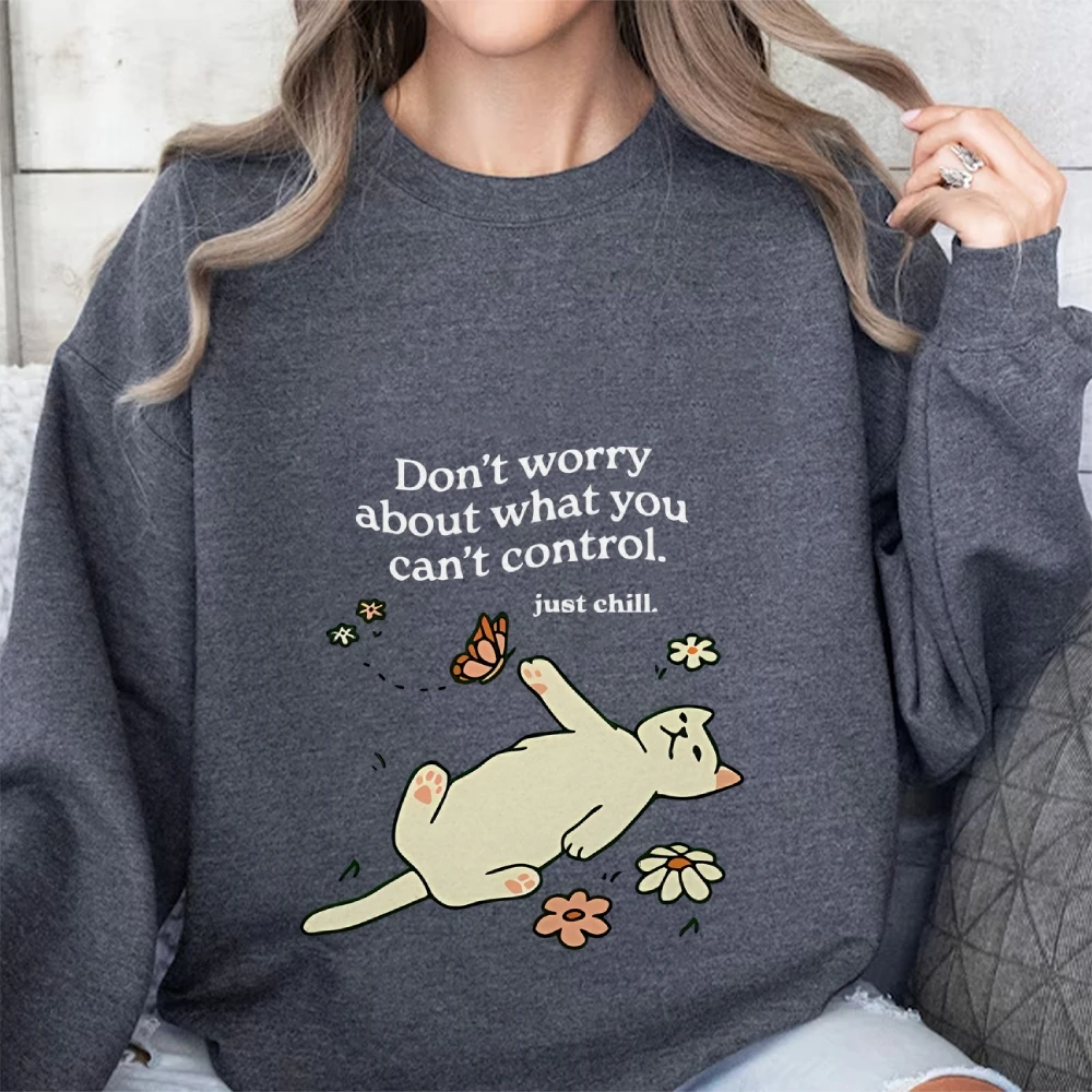 Unisex Hoodie Cute Floral Cat Print Don't worry about what you can't control just chill Healing Text Long Sleeves Y2K Style Top