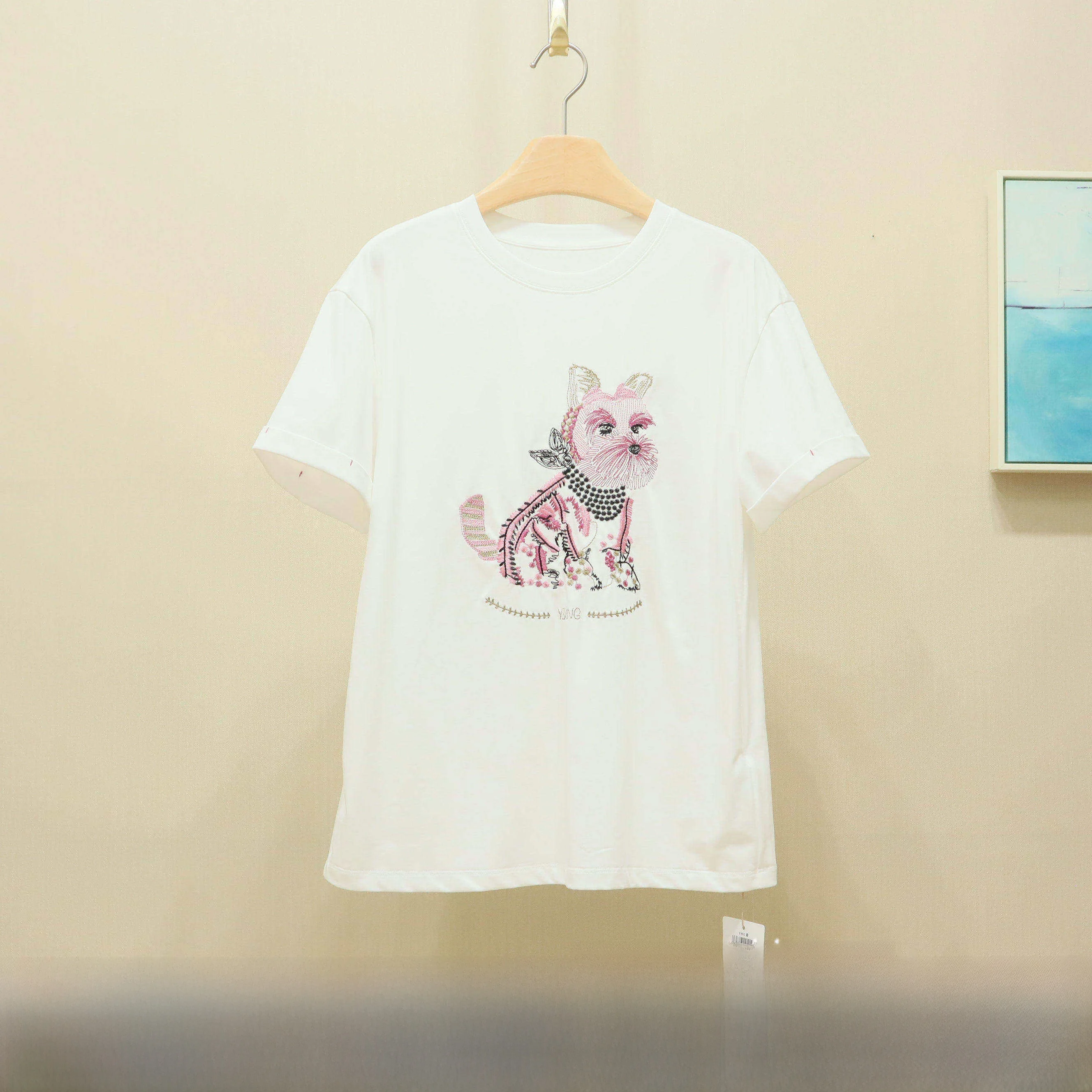 

Loose Fit Embroidered T-irt Versatile Summer New Arrival Breathable Cotton ort Sve round Ne Women's Casual irt