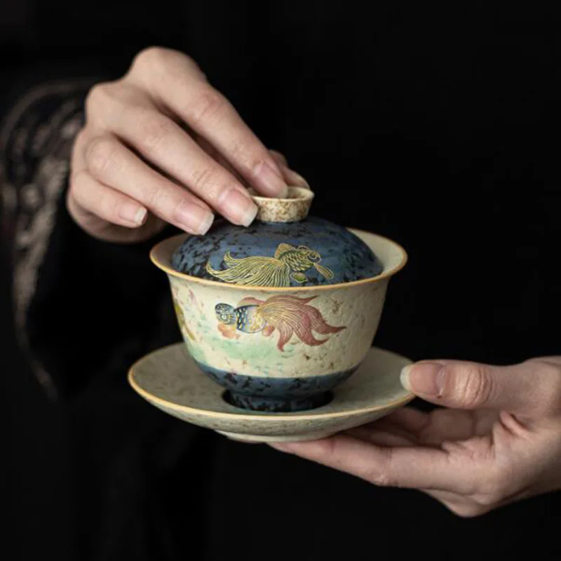 Porcelain Goldfish Pattern Sancai Gaiwan Retro Tea Cover Bowl Infuser Kettle Kungfu Tea Cup Kitchen Teaware Set