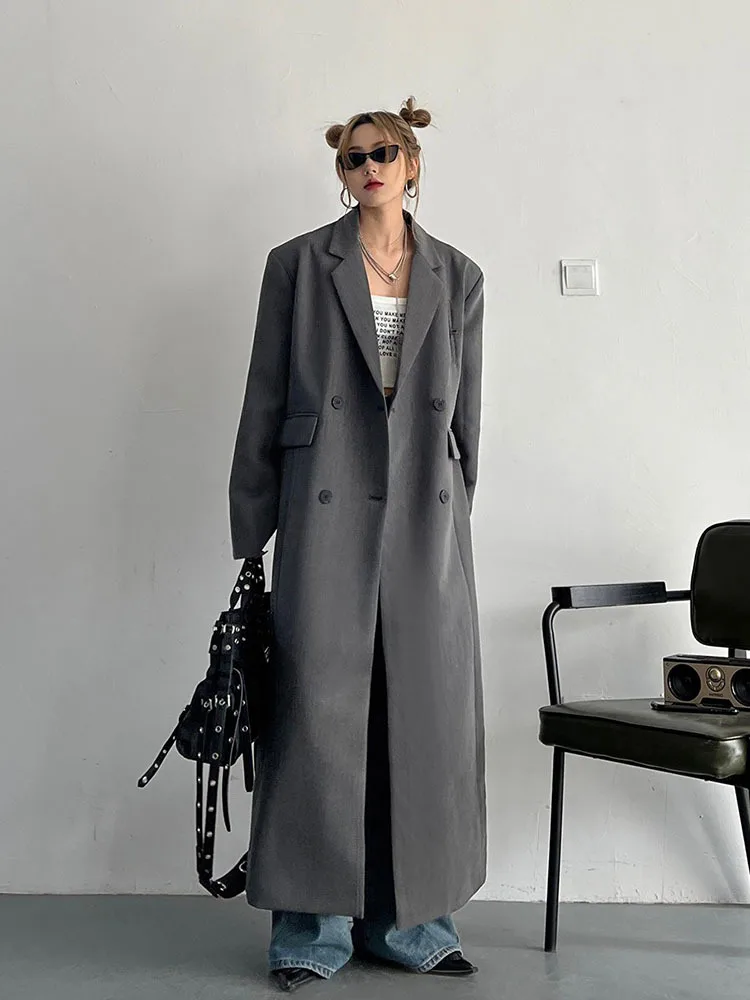 

Spring Autumn Long Grey Black Trench Coat for Women Double Breasted Loose Casual Korean Fashion Clothing Blazer 2024