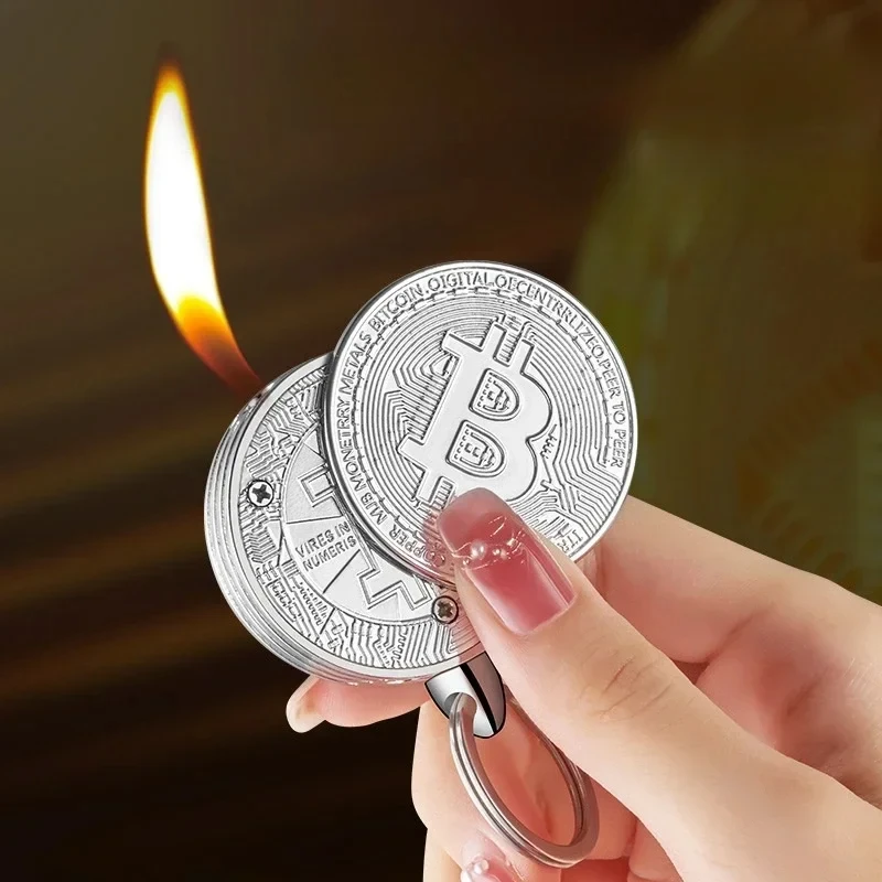 Hot Metal Bitcoin Shaped Butane Gas Lighter Virtual Commemorative Coin Pendant Open Flame Lighter Portable Cigarette Accessory