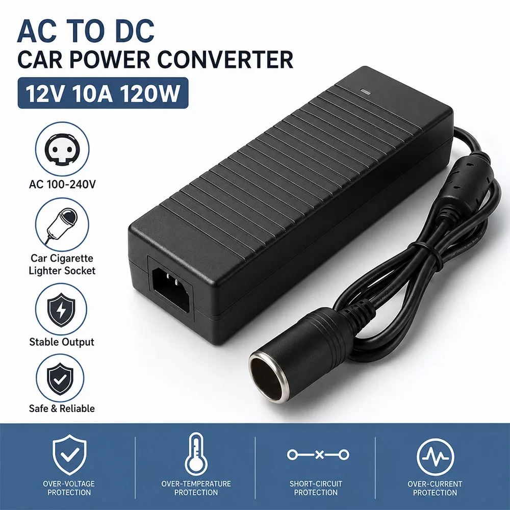 120W AC to DC Converter 220V 240V to 12V 10A Car Cigarette Lighter Adapter for Mini Fridge Cooler Vacuum Pump