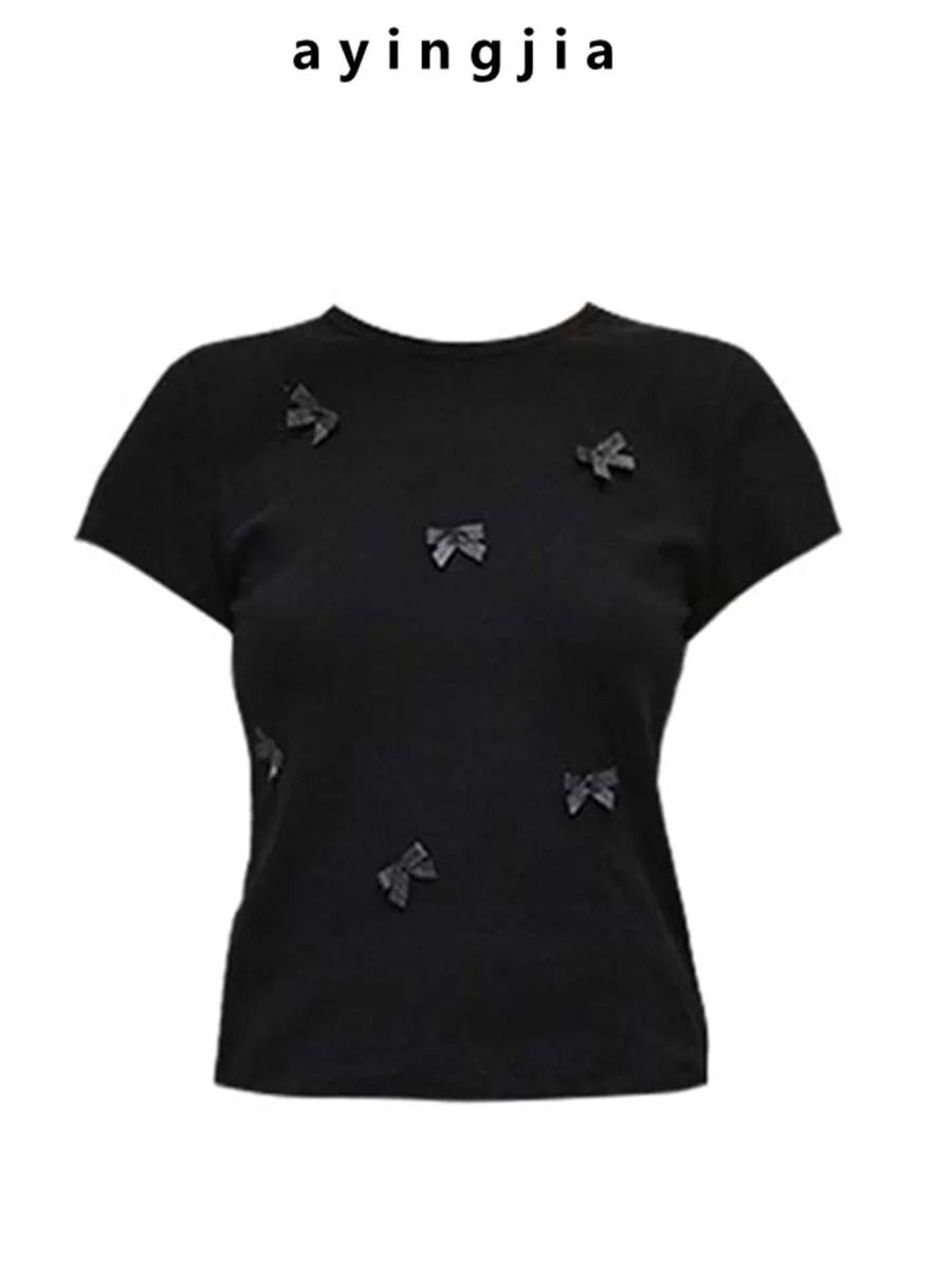 

Новая летняя женская футболка с круглым вырезом, узловым декором и простым дизайном плеч, приталенного кроя