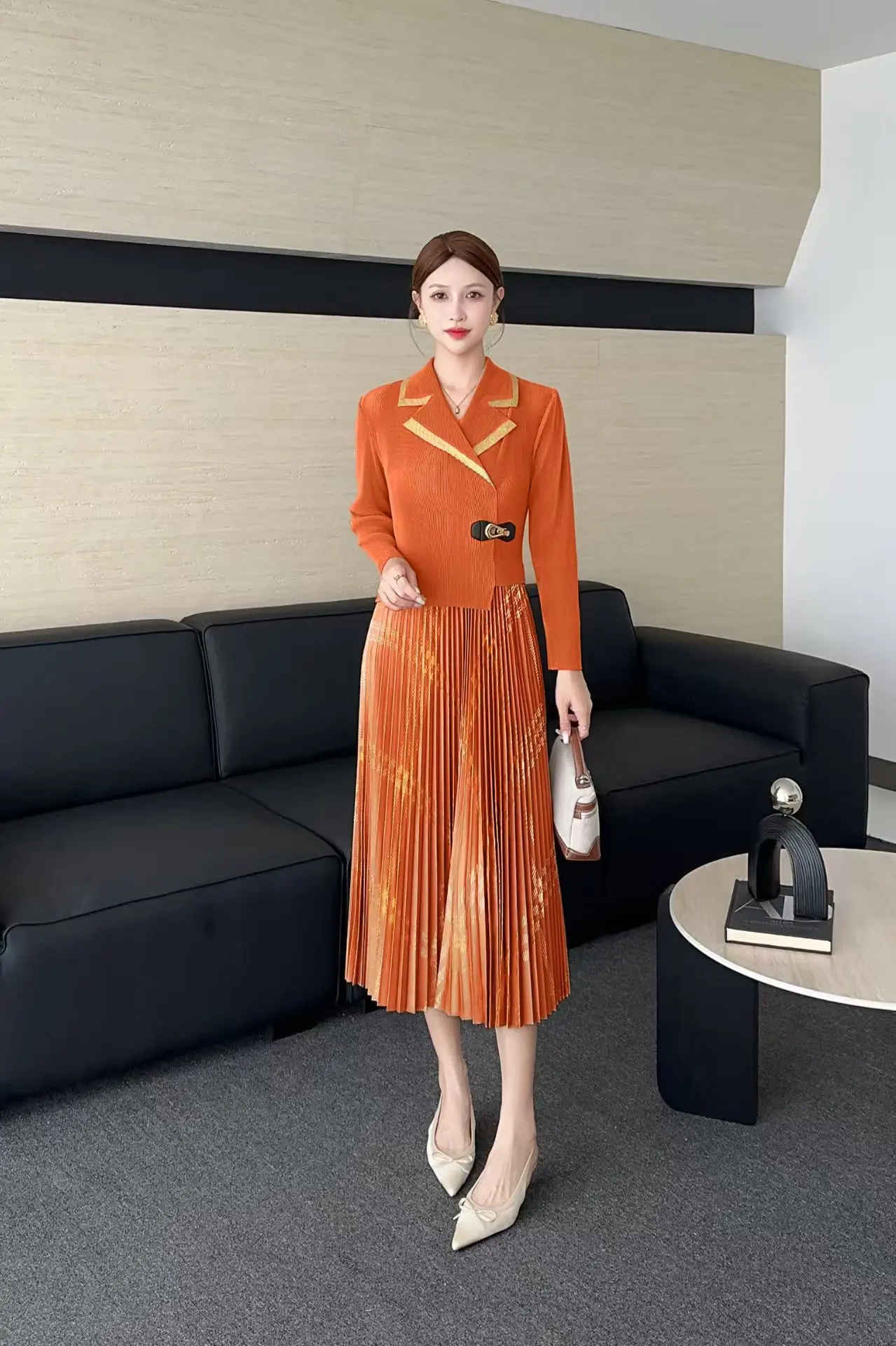 

Miyake Pleated Fall New Arrival 2025 Dress Women's Fashion Suit Collar High-end Elegant Patchwork Plus Size Pleated Skirt