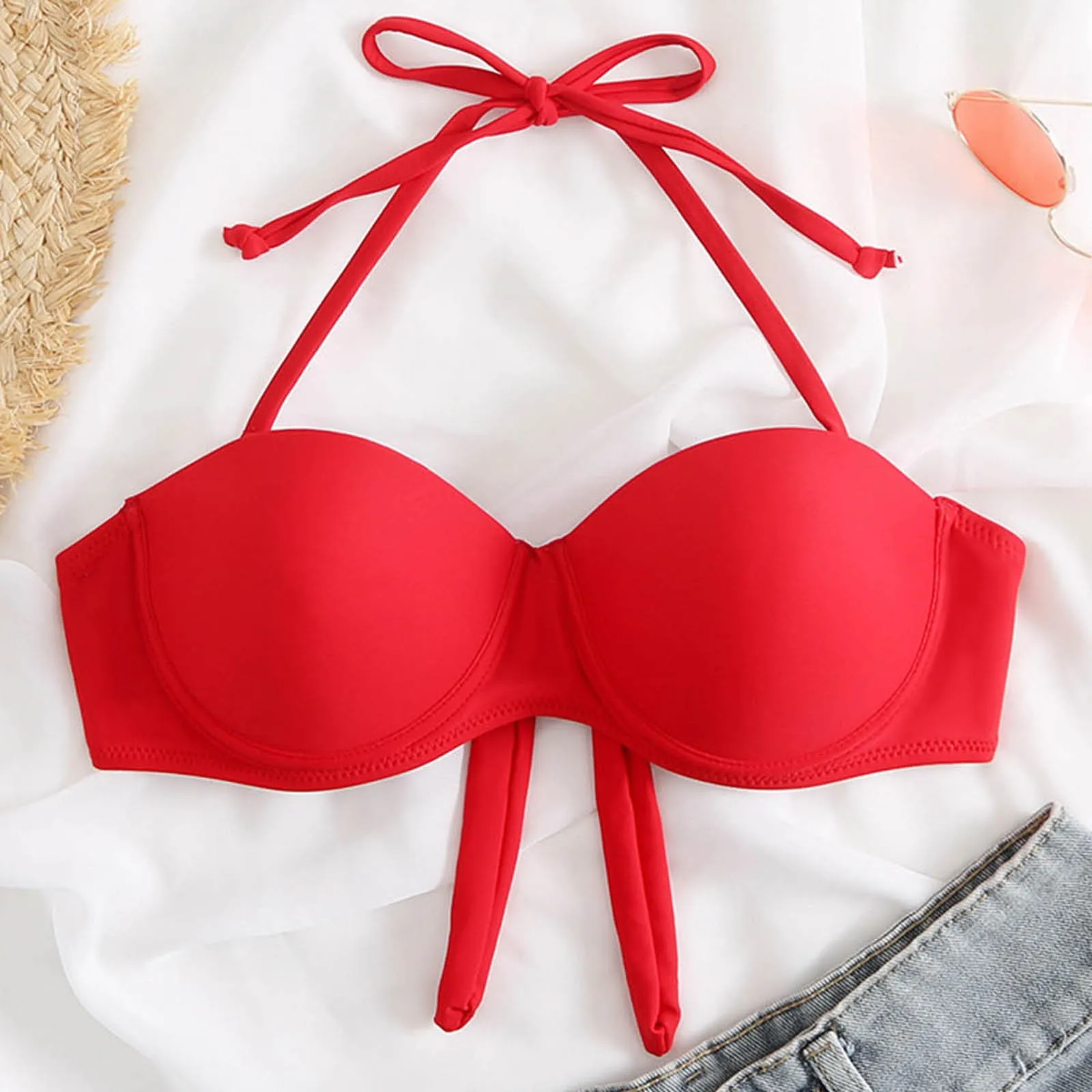 

Sexy Bikini Top Women's Bow Tie Halter Neck Push Up Swimsuit High Cut Chest Pad Brazilian Swimsuit Female Beachwear Bikinis Top