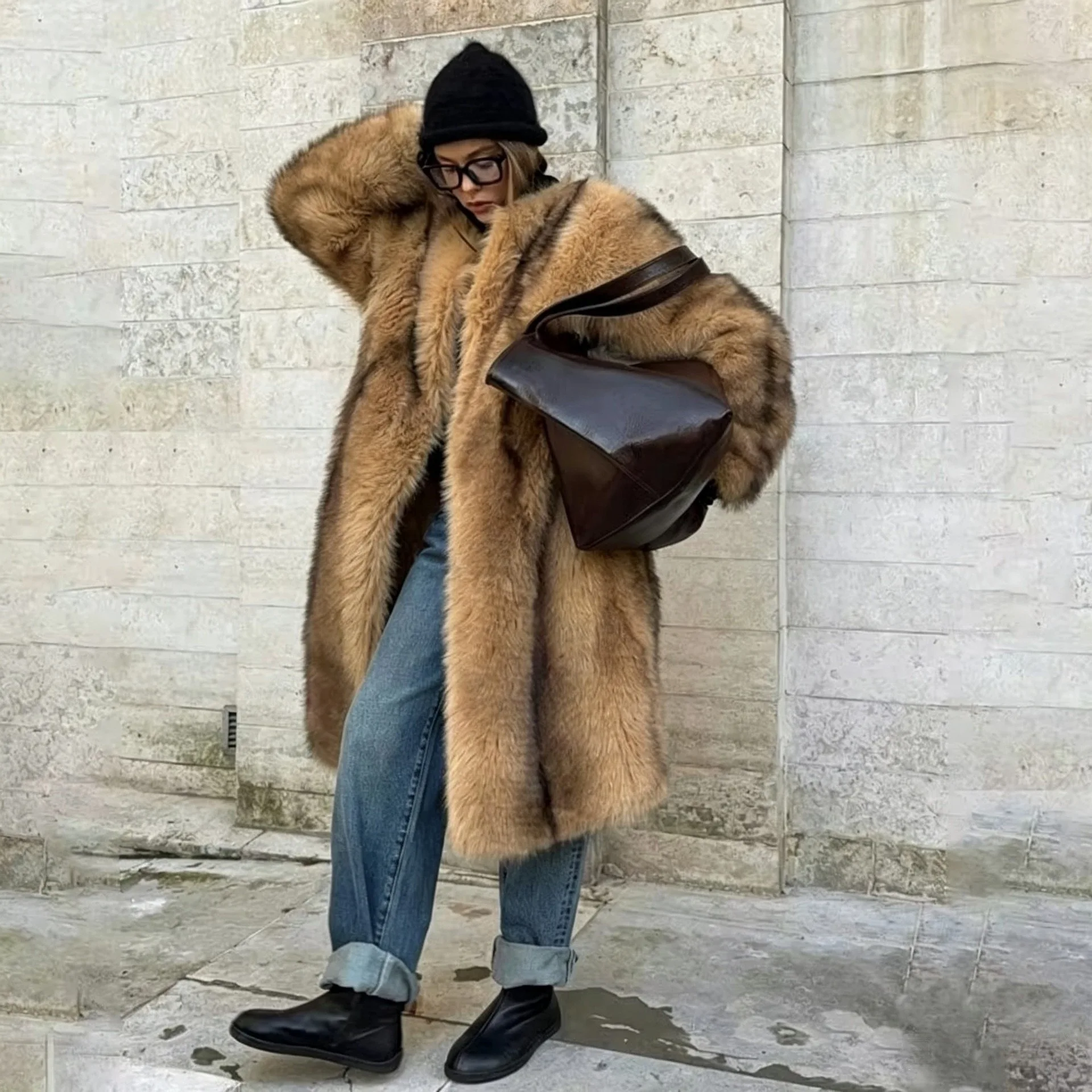 KIDCRKJ Winter Fluffy Furry Eco Fox Fur Jacket Girls Overcoat Outerwear Luxury Runway Fashion Striped  Women Long Faux Fur Coat