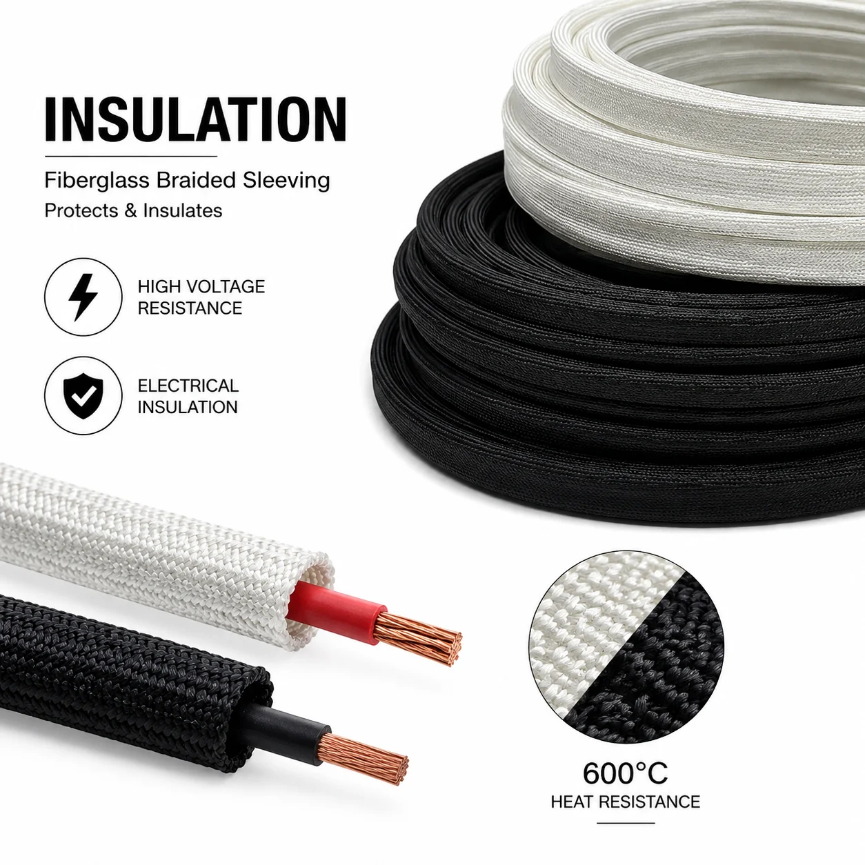 20/10/5/2M Black/White 600 Degree Glass Fiber Tube ID0.5mm‑35mm Corrosion‑Resistant, Sensor Circuit Insulation Protection Tube.