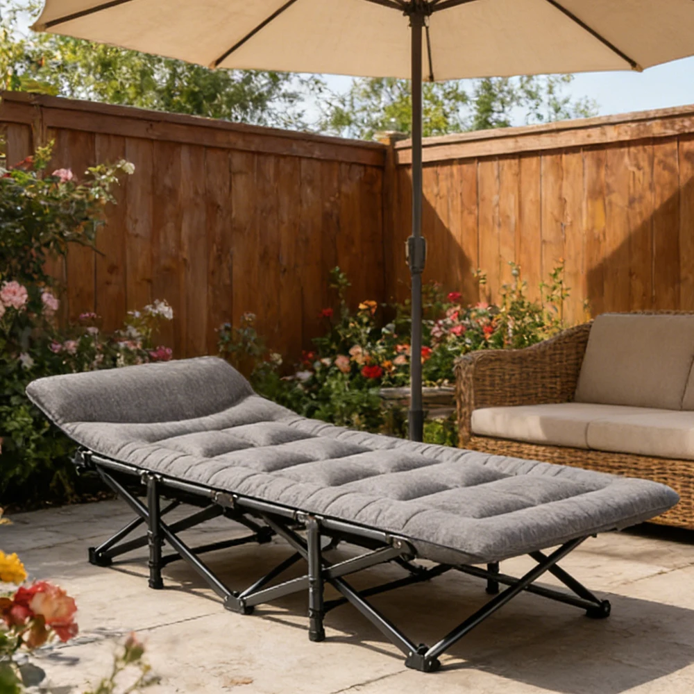 Lit d'appoint pliable en coton doux avec poche latérale pour le camping en plein air, les voyages, la randonnée, le bureau, le balcon, le soleil, l'hôpital ou l'accompagnement