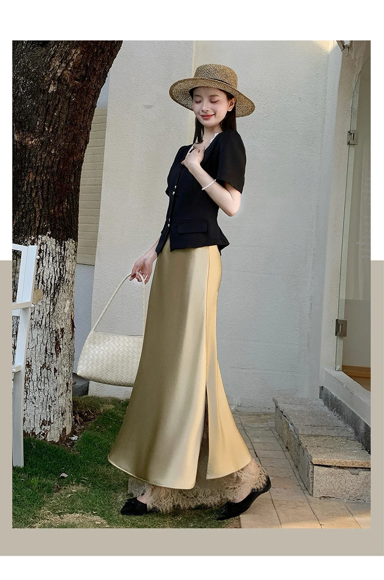 2026 Sommer Herbst Neuer Schlanker Hochwertiger Modischer Halbrock Eleganter Spitzenbesatz Satin Seitenschlitz Damen Midi-Rock – Detail 21