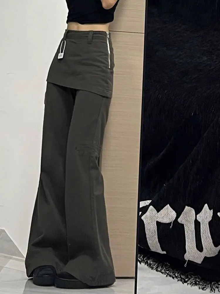 Deeptown Harajuku Patchwork Women Flared Pants Vintage High Waist American Style Fake Two Piece Trousers Y2k Baggy Solid Gyaru