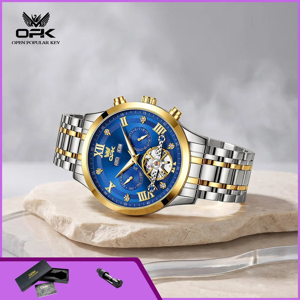 OPK 8198 Original Luxury Men's Mechanical Wristwatch Luminous Calendar Hollowed Flywheel Automatic Watch for Man