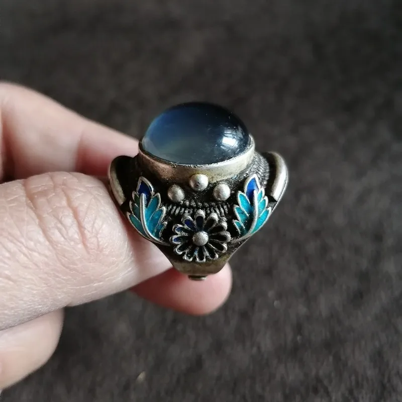Antique Vintage Retro Silver Color-Changing Gemstones, Adjustable Ring With Round Bead Face