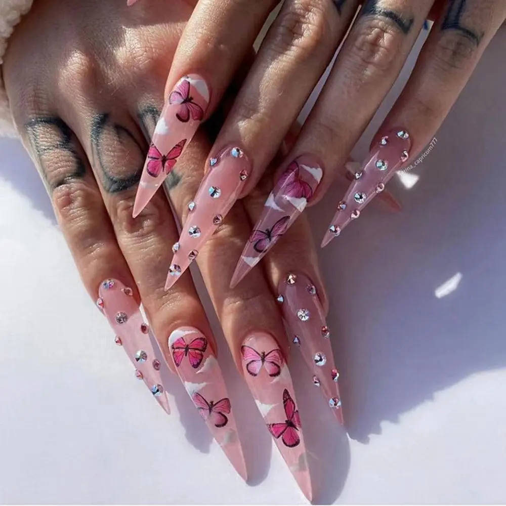 

24pcs/Box Artificial Full Cover Nail Tips Wearable Butterfly Stiletto False Nails Fake Nails Almond