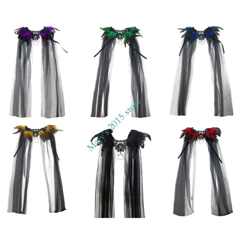 

E15F Готическая накидка с перьями и кружевным воротником, шаль на плечах, костюмы ведьмы для косплея