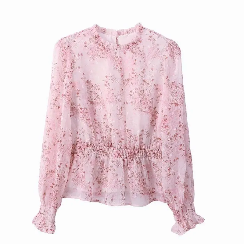 Lose Damen Irt 2025 New Sle Bubble Sve Round Ne Blumendruck Faionable und Sli Belly Covering Gored