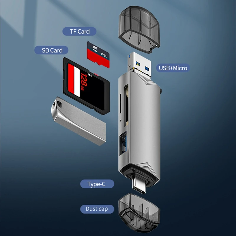 6 In 1 Card Reader External U Disk TF/SD Card Keyboard Mouse 5Gbp/S USB Type-C Interface Card Adapter