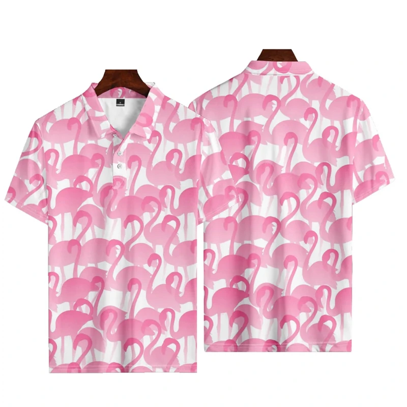 Hawaiian Holiday Flamingo Print Summer Men's Buttons Polo Shirts Casual Short Sleeve Oversized Tops Fashion Male Camisa Clothes