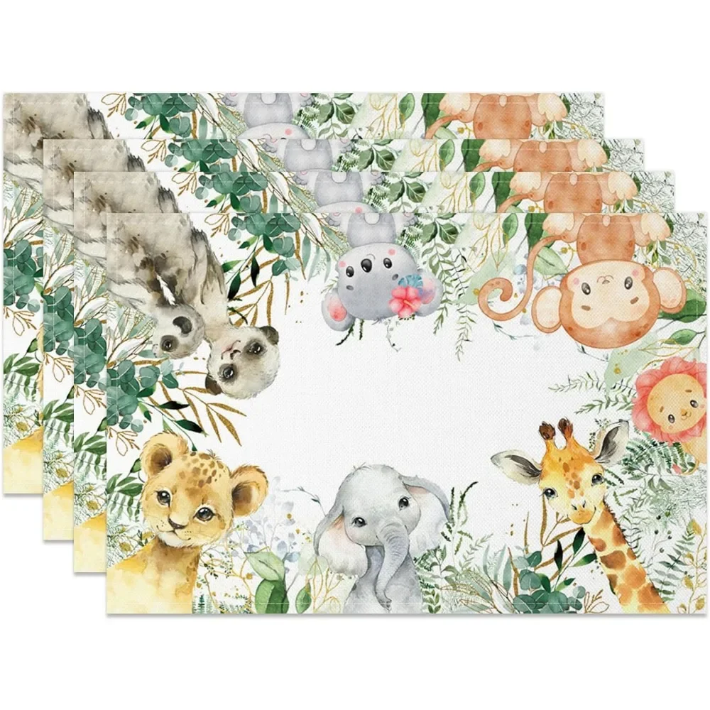 Baby Animals Elephant Giraffe Placemats Cartoon Tropical Safari Place Mats Washable Table Mats for Party Kitchen Dining