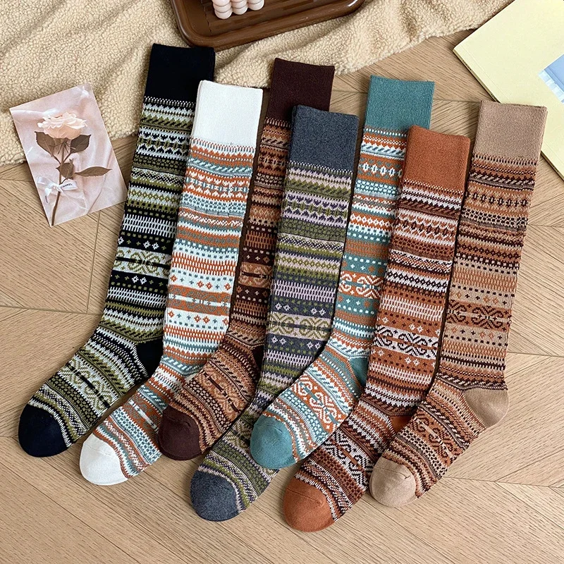 

JK Japanese Fashion Cotton Vintage Women Stockings Knitted Girls Long Socks Stockings Ethnic Harajuku Retro Knee Socks Stockings
