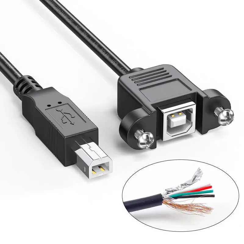 USB 2.0 Printer Cable Straight Plug 90 Degree Elbow Square Plug USB Type B Male to Type B Female Extend Wire with Panel Mount
