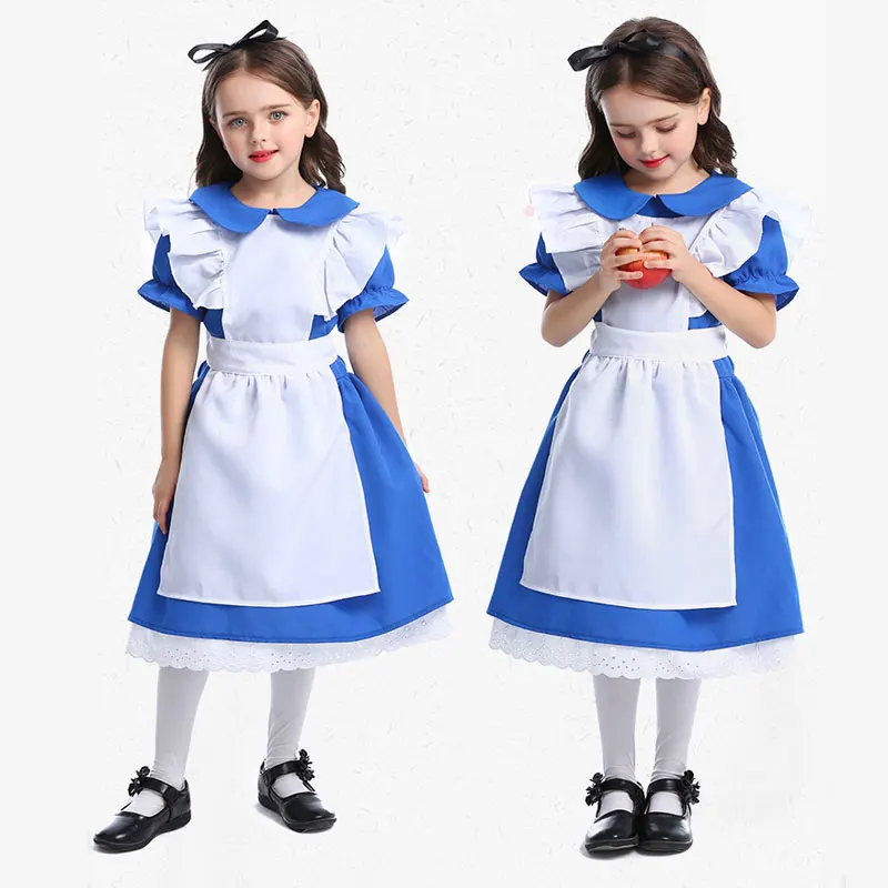 Alice au pays des merveilles Lolita Maid Cosplay Costume pour enfants, bleu, jeux d'anime, carnaval, olympiques de fête d'Halloween, robe pour enfants, filles