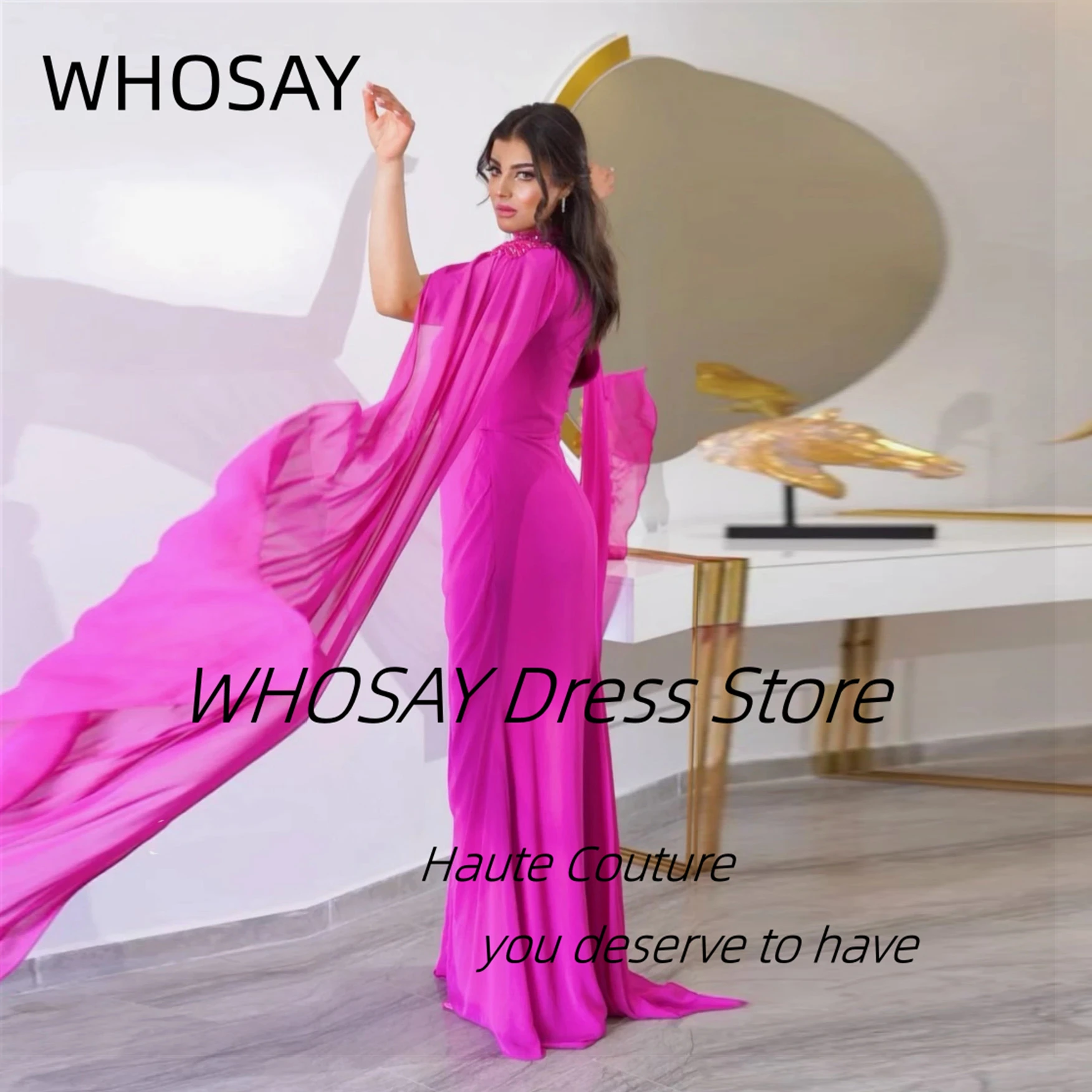 WHOSAY Fushcia Evening Dresses Beading High Collar Flutter Sleeves Prom Dress Ruched Long Elegant Party Gowns Custom Made