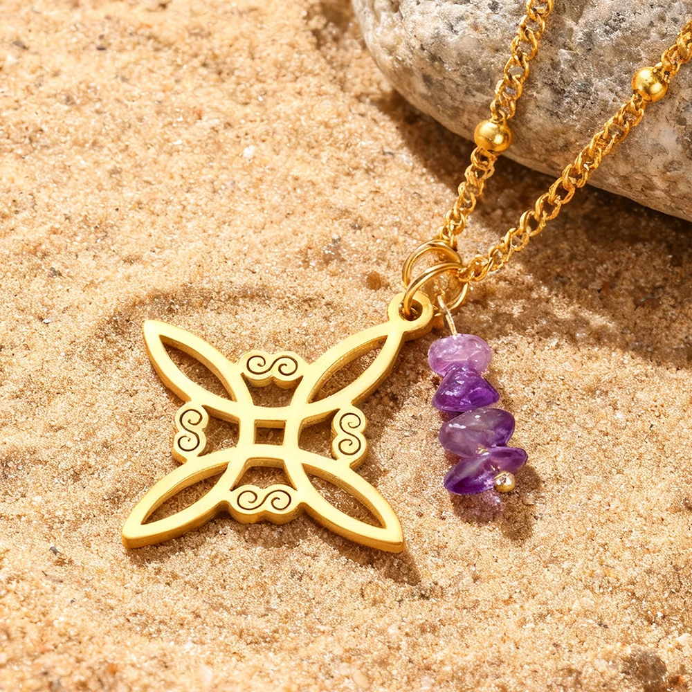 Dawapara Witches Knot Necklace Spiritual Amethyst Protective Necklace Stainless Steel Celtics Knot Good Luck Amulet