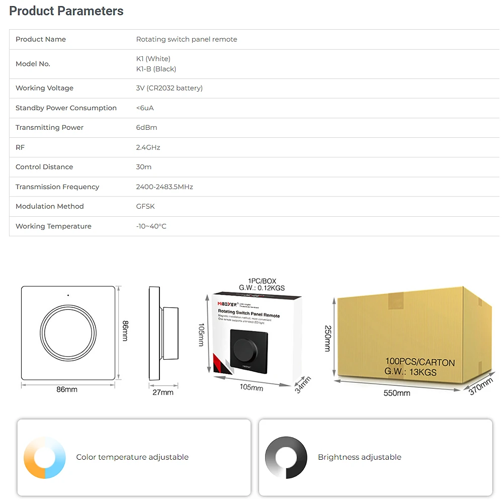 Miboxer K1 2.4GHZ Rotating Panel Remote Switch Wireless Dimmable Brightness Color Temperature For Light Fixtures/Controllers