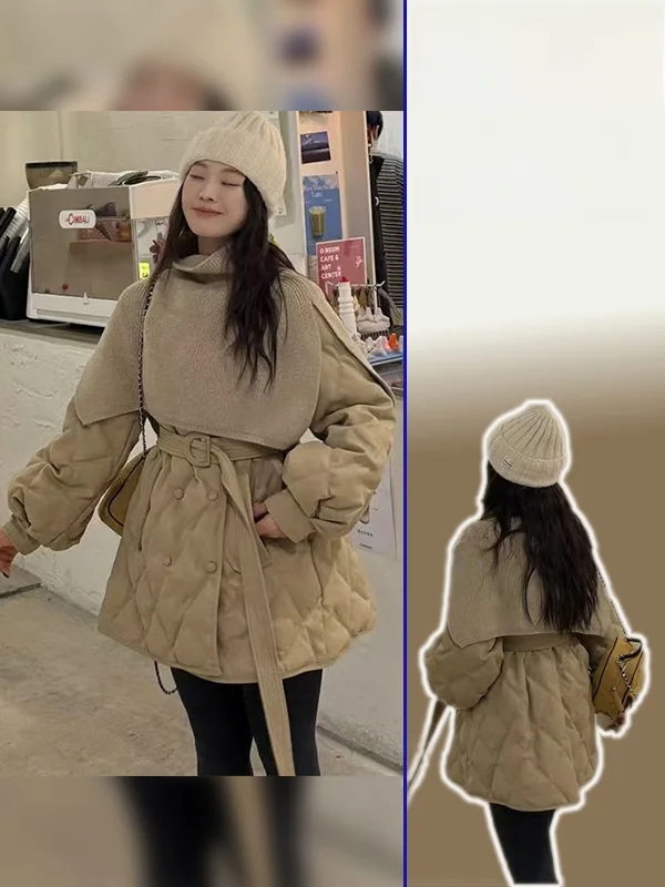 

plus Size Winter Casual Sle High Waist Quilted Cotton Jaet Coat Knitted Scarf oulder Set Warm Mid-Length Button-Up