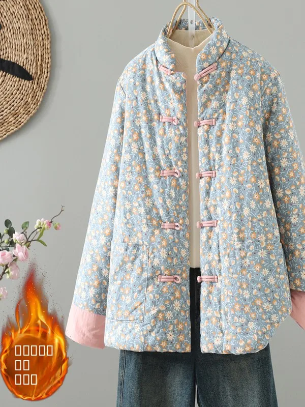 

Thiened Cotton Jaet Women's Autumn Winter Warm New Chinese Sle Cotton Coat Comfortable Fit Long Sve Stand Collar Coat