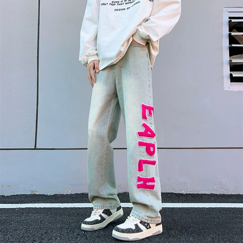 American Vintage Letter Foam Printing Baggy Jeans For Men 2024 Y2K Streetwear Denim Straight Pants Male Hip Hop Fashion Trousers