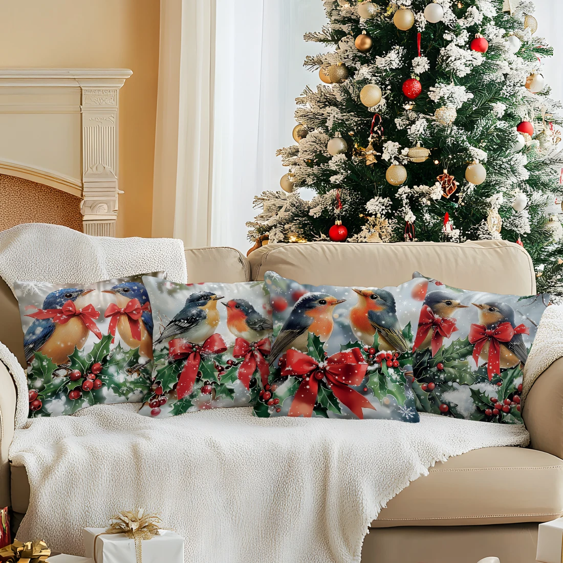 Winter birds and holly berries Cushions Pillowcase Polyester Cushion Cover Throw Pillow Sofa Decoration Pillowcover Home Decor
