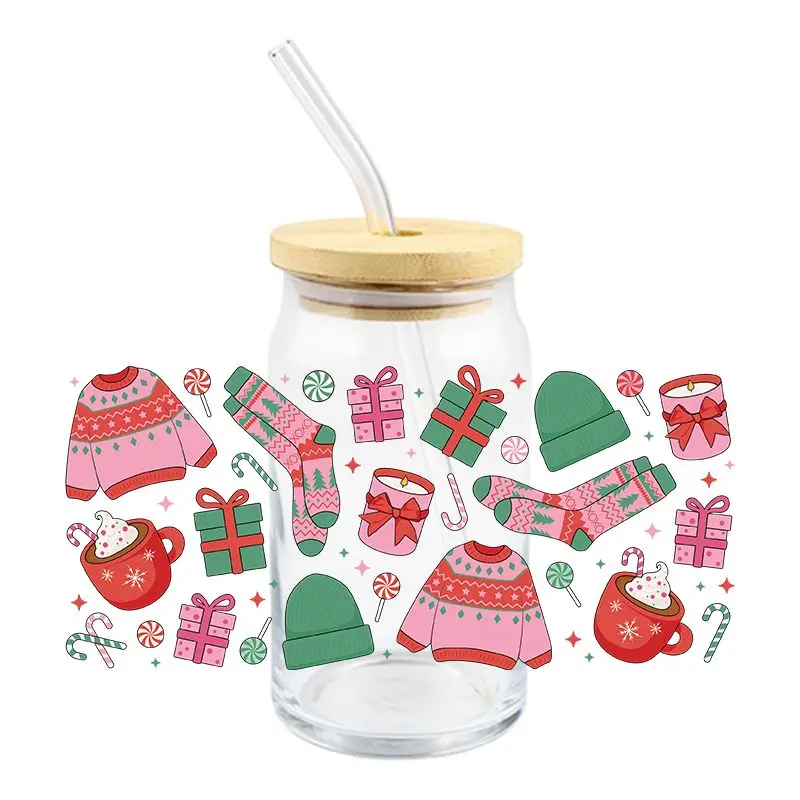 Christmas UV DTF Wrap Transfer Stickers Cartoon Clothes Pattern Design Waterproof DTF Wrap For Bottles Cups Decal