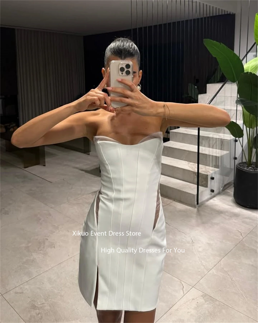 Xikuo White See Through Prom Gowns Above Knee Slit Vestidos De 15 Quinceañera Sweetheart Sleeveless Birthday Dress Customized